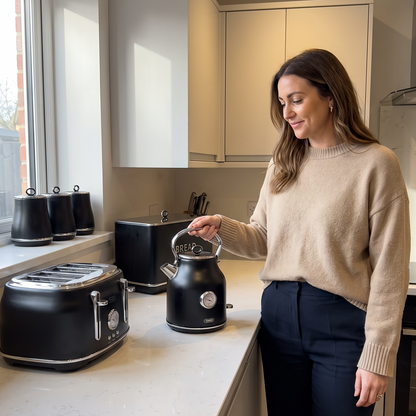 Tower Renaissance Kettle, 4 Slice Toaster, Bread Bin & Canisters Kitchen Set (Black)