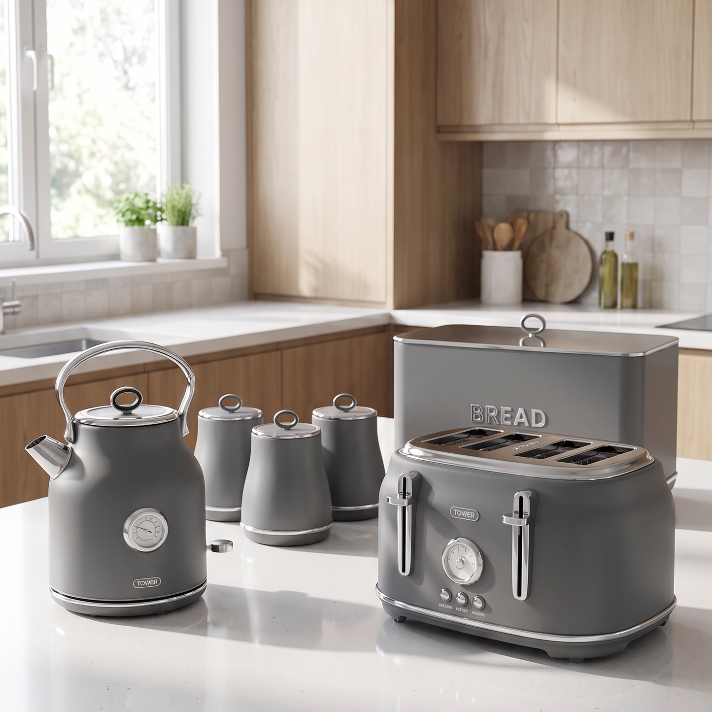 Tower Renaissance Kettle, 4 Slice Toaster, Bread Bin & Canisters Kitchen Set (Grey)