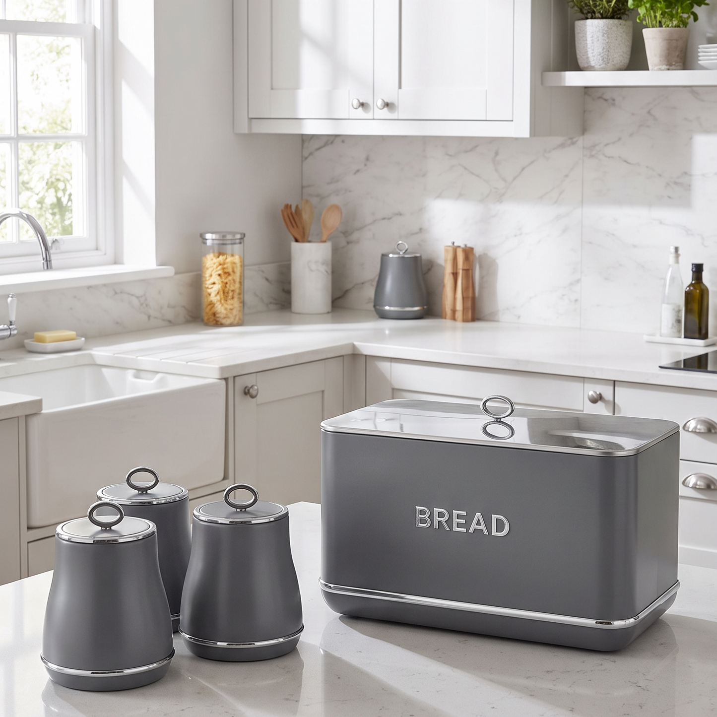 Tower Renaissance Bread Bin & Canisters Kitchen Storage Set (Grey)