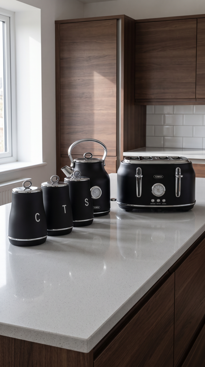 Tower Renaissance Kettle, 4 Slice Toaster & Canisters Kitchen Set (Black)