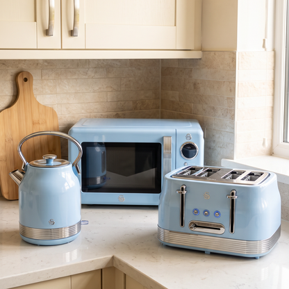 Swan Swan Retro Pyramid Kettle, 4 Slice Toaster & Microwave Kitchen Set (Blue)