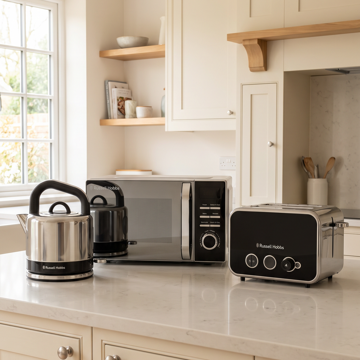 Russell Hobbs Russell Hobbs Distinctions Pyramid Kettle, 2 Slice Toaster & Microwave Kitchen Set (Black)