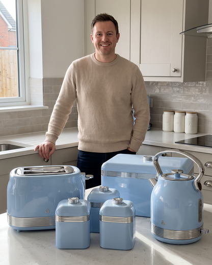 Swan Retro Pyramid Kettle, 2 Slice Toaster, Bread Bin & Canisters Kitchen Set (Blue)