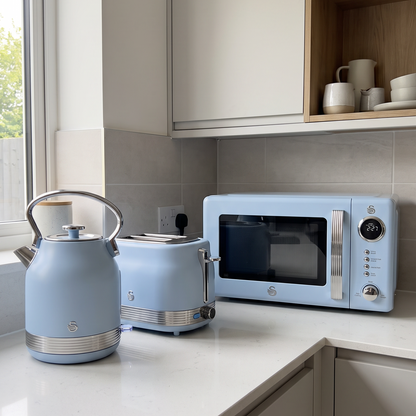 Swan Retro Pyramid Kettle, 2 Slice Toaster & Microwave Kitchen Set (Blue)