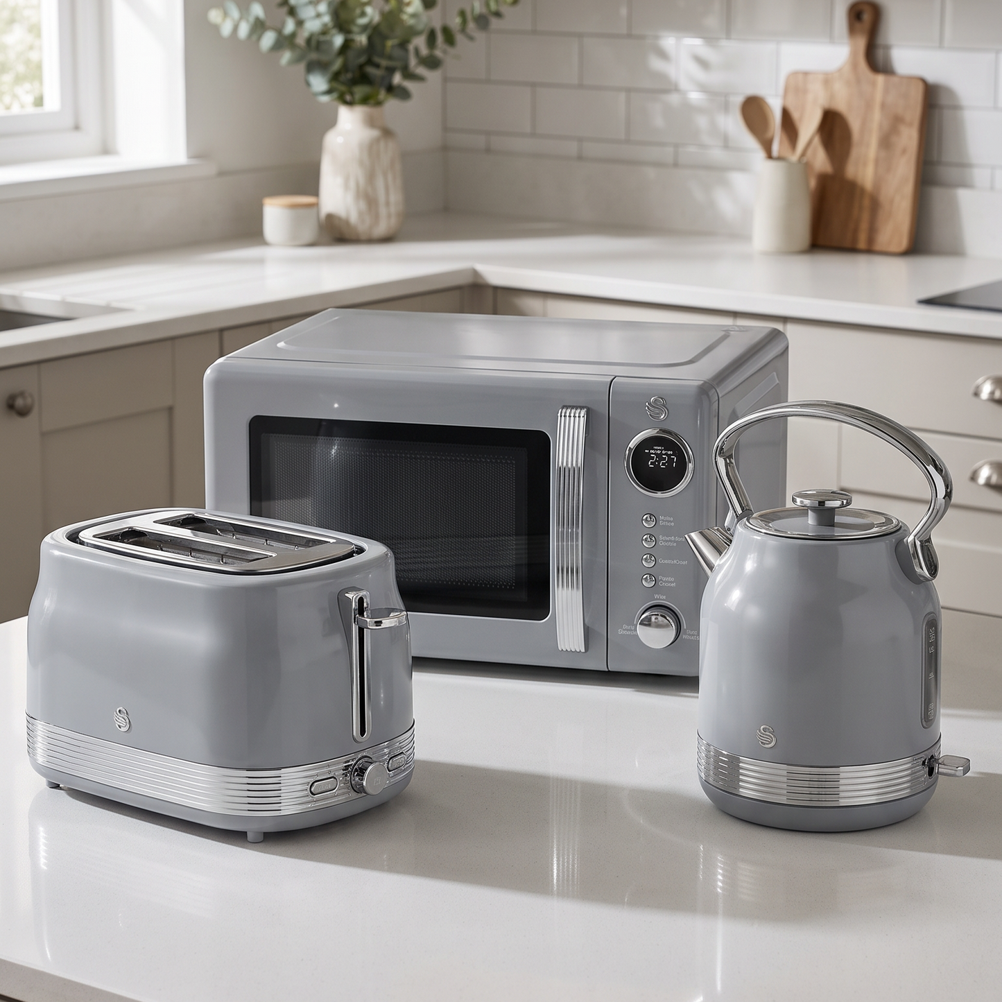 Swan Retro Pyramid Kettle, 2 Slice Toaster & Microwave Kitchen Set (Grey)