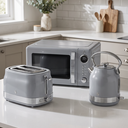 Swan Retro Pyramid Kettle, 2 Slice Toaster & Microwave Kitchen Set (Grey)