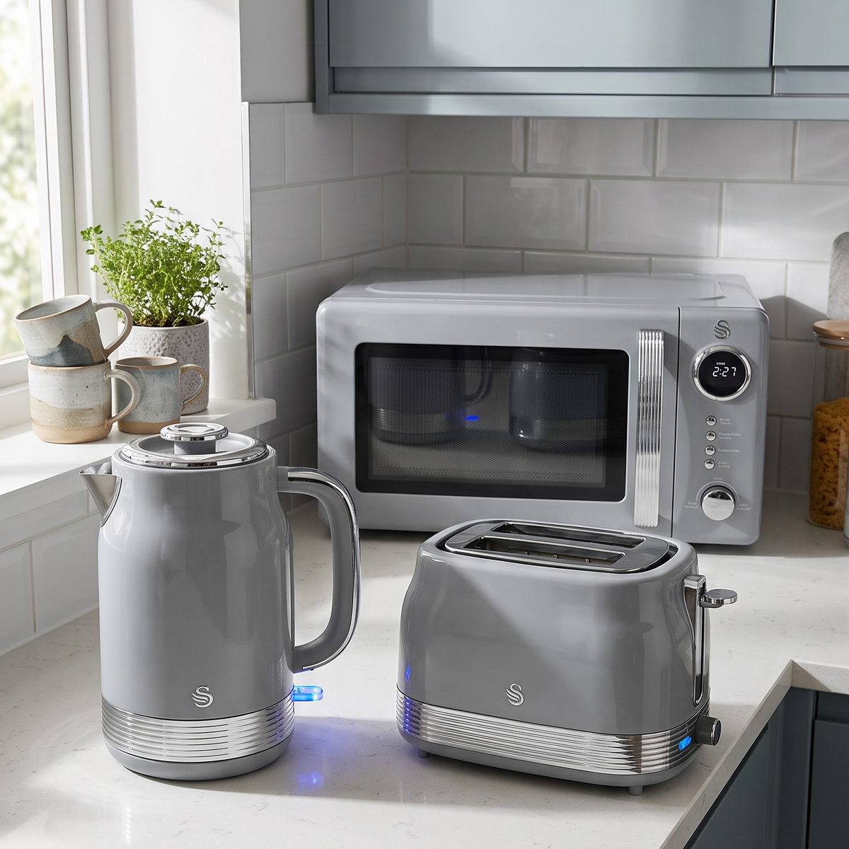 Swan Retro Jug Kettle, 2 Slice Toaster & Microwave Kitchen Set (Grey)