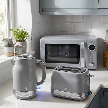 Swan Retro Jug Kettle, 2 Slice Toaster & Microwave Kitchen Set (Grey)