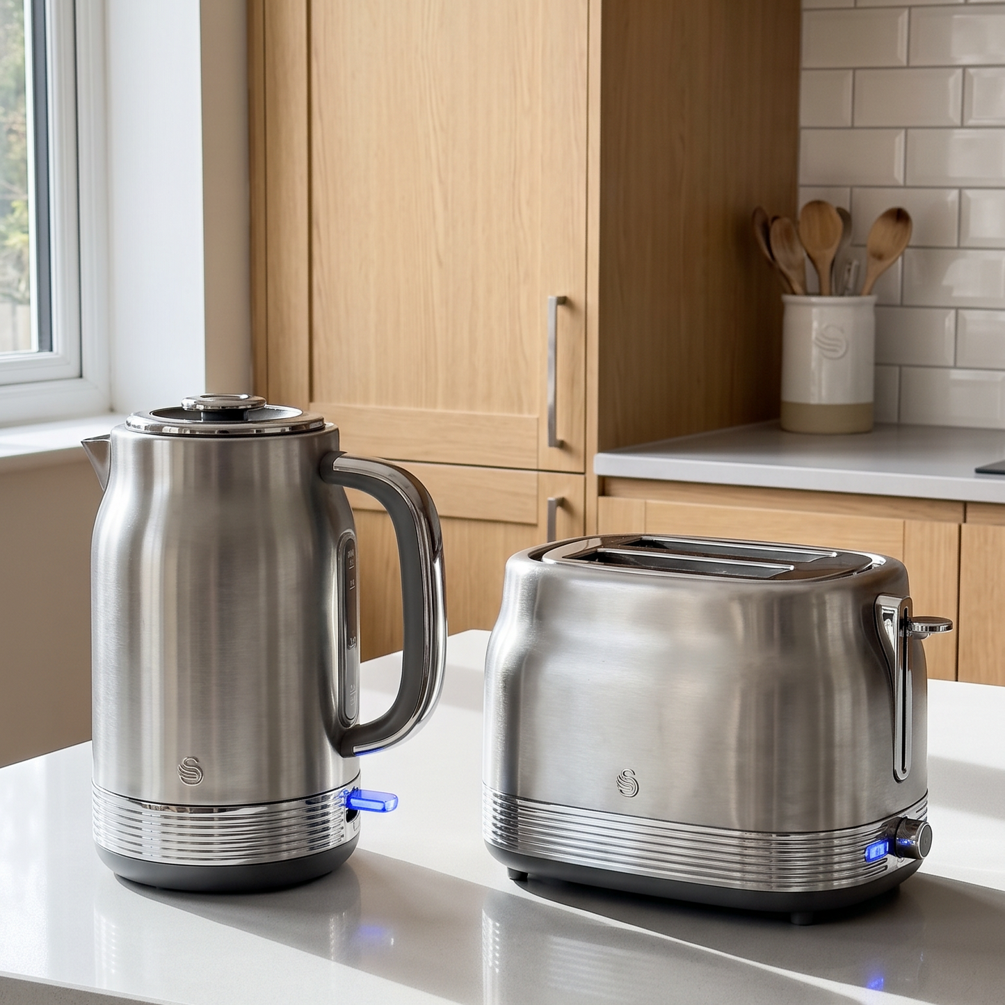 Swan Retro Jug Kettle & 2 Slice Toaster Kitchen Set Silver (Stainless Steel)