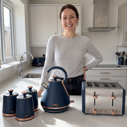 Tower Cavaletto Pyramid Kettle, 4 Slice Toaster & Canisters Kitchen Set (Midnight Blue)