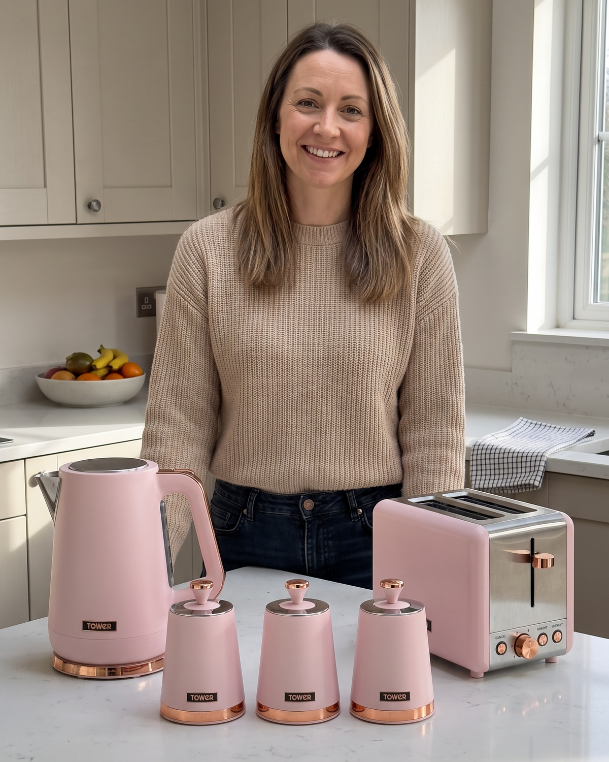 Tower Cavaletto Jug Kettle, 2 Slice Toaster & Canisters Kitchen Set (Marshmallow Pink)