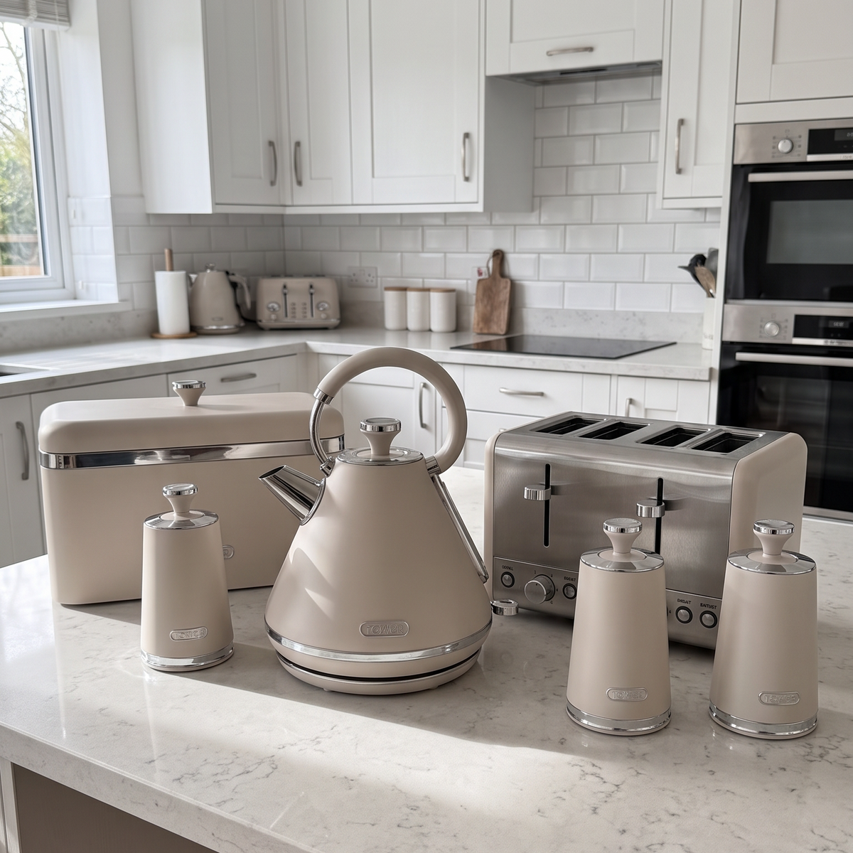 Tower Tower Cavaletto Pyramid Kettle, 4 Slice Toaster, Bread Bin & Canisters Kitchen Set (Latte)