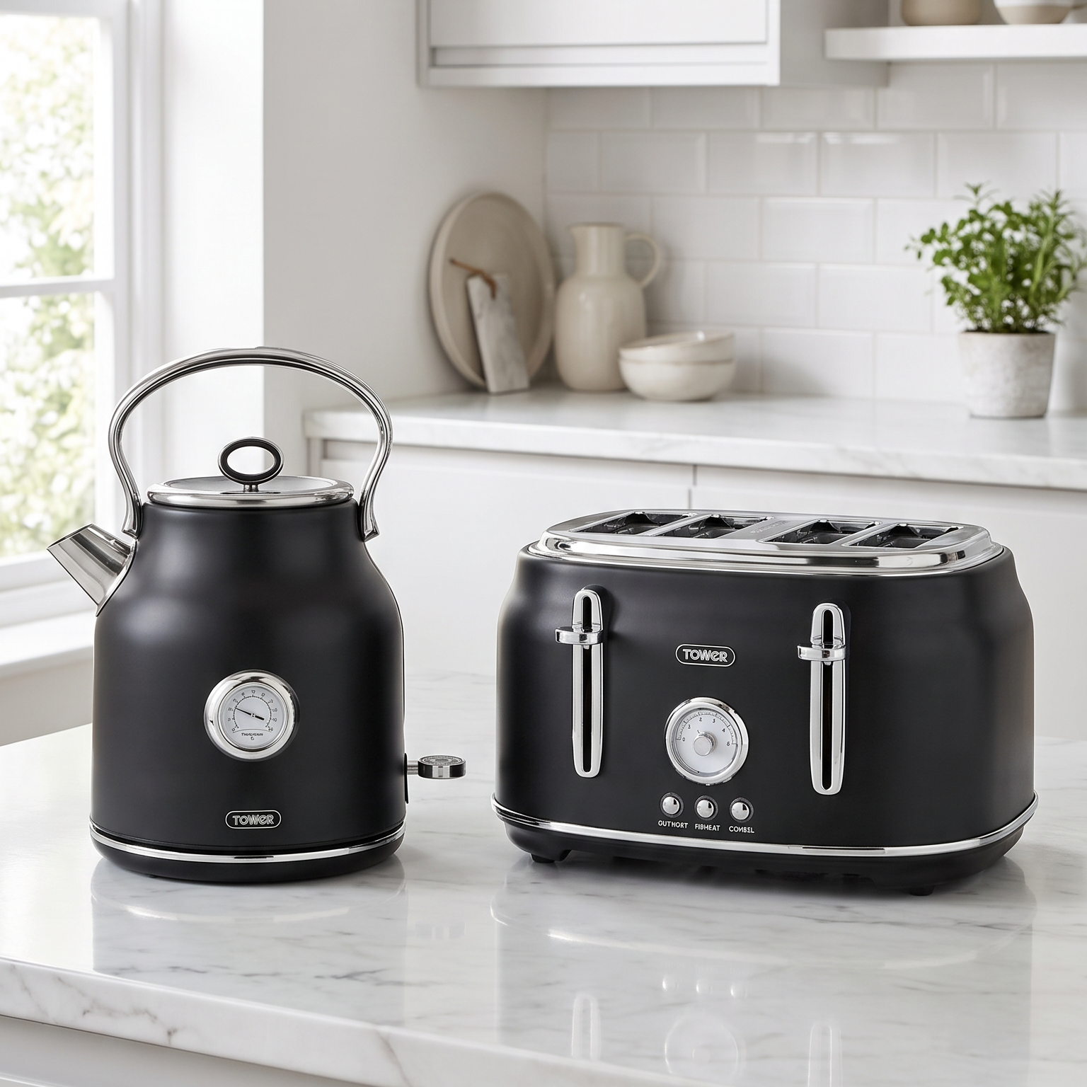A black electric kettle and a four-slot toaster with silver handles and trim sit side by side on a white marble kitchen countertop.
