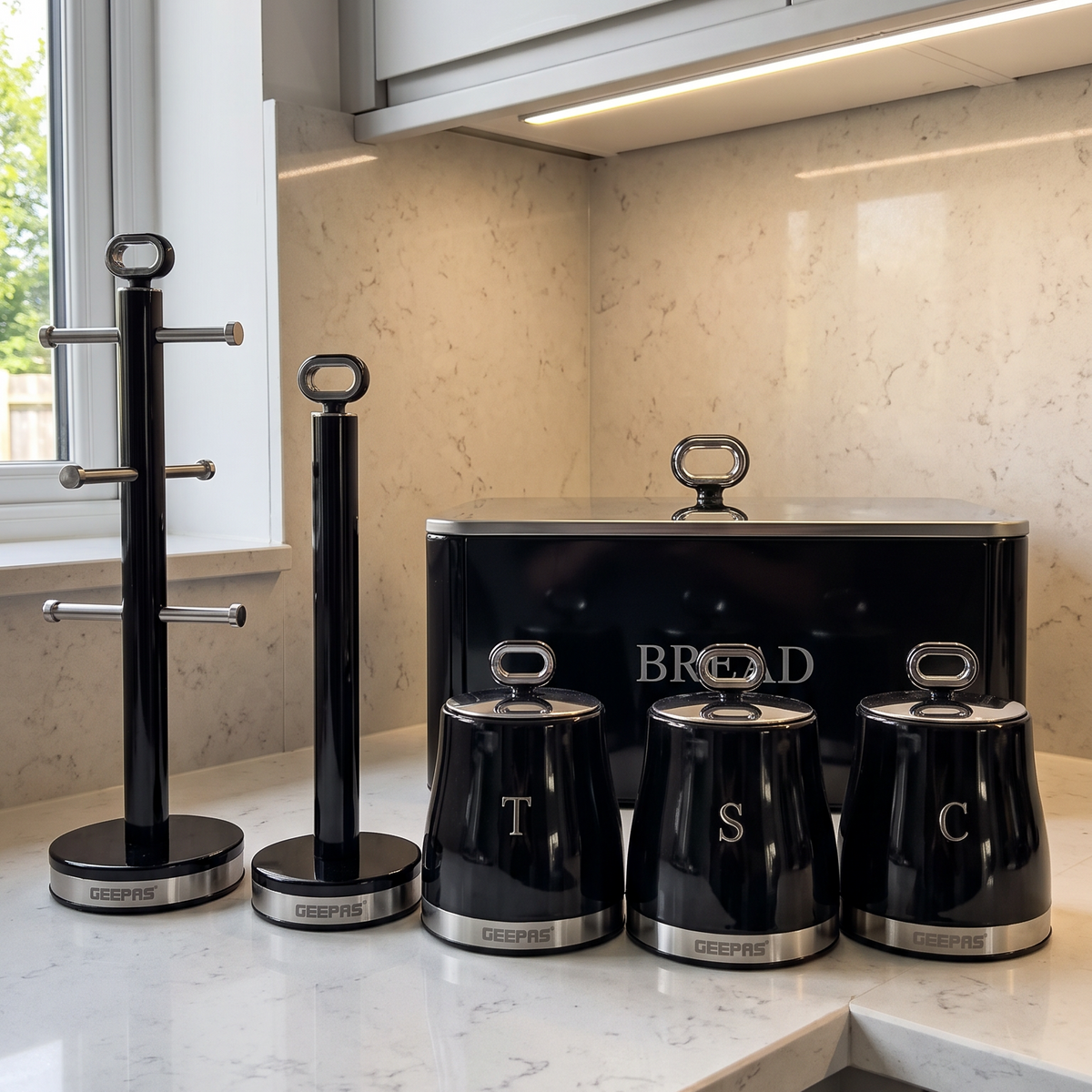 Geepas GEEPAS Retrovive Bread Bin, Canisters, Mug Tree & Towel Pole Kitchen Set (Black)