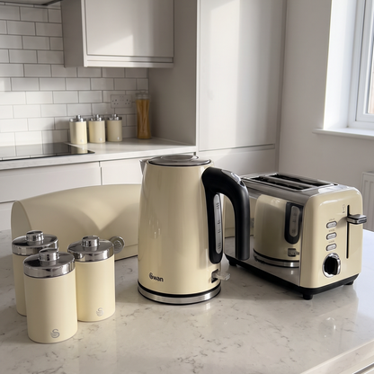 Swan Townhouse Kettle, 2 Slice Toaster, Bread Bin, Canisters Kitchen Set (Cream)