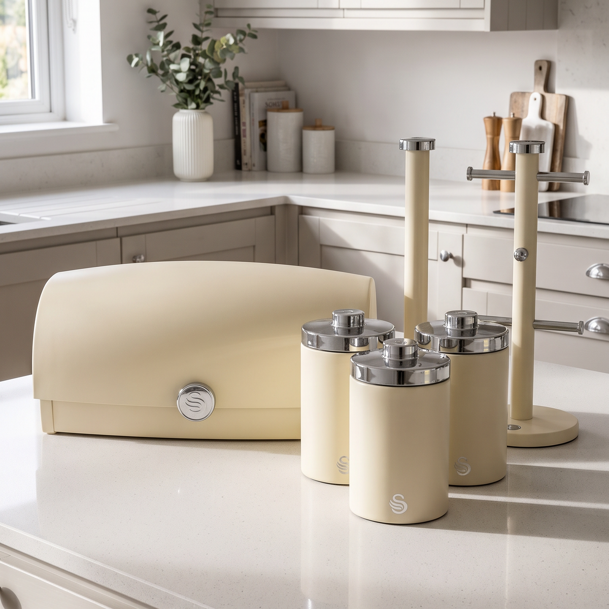 Swan Townhouse Bread Bin, Canisters, Towel Pole & Mug Tree Storage Set (Cream)