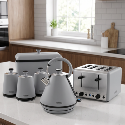 Tower Sera Grey Kettle, 4 Slice Toaster, Bread Bin & Canisters Kitchen Set (Grey)
