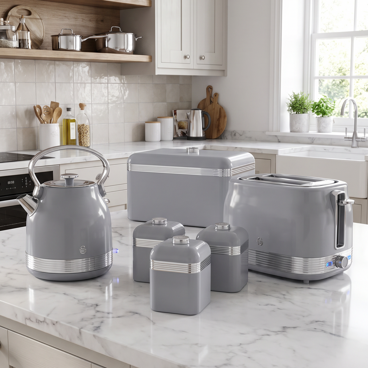 Swan Retro Pyramid Kettle, 2 Slice Toaster, Bread Bin & Canisters Kitchen Set (Grey)