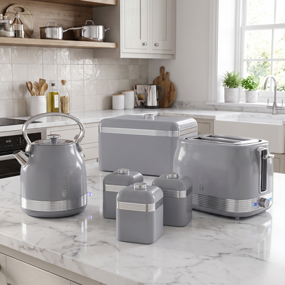 Swan Retro Pyramid Kettle, 2 Slice Toaster, Bread Bin & Canisters Kitchen Set (Grey)