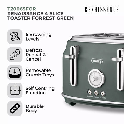 Forest green 4-slice toaster with chrome side levers and browning dial