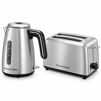 Russell Hobbs Everyday Quiet Kettle & 2 Slice Toaster Kitchen Set Silver 28850 28860 (Brushed Stainless Steel)