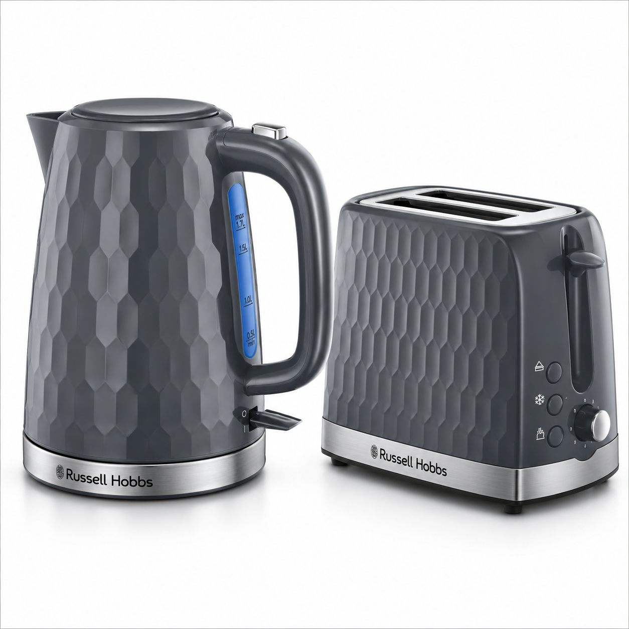 Grey honeycomb kettle and 2-slice toaster kitchen set, Russell Hobbs