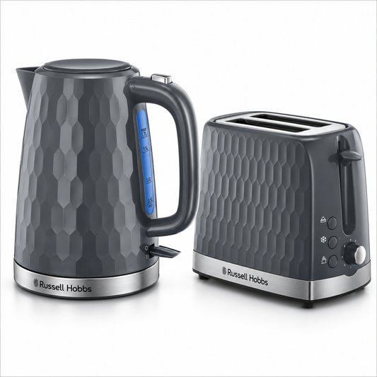 Grey honeycomb kettle and 2-slice toaster kitchen set, Russell Hobbs