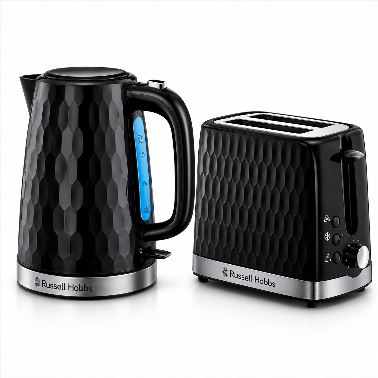 Black honeycomb electric kettle and 2-slice toaster kitchen set, with Russell Hobbs logos