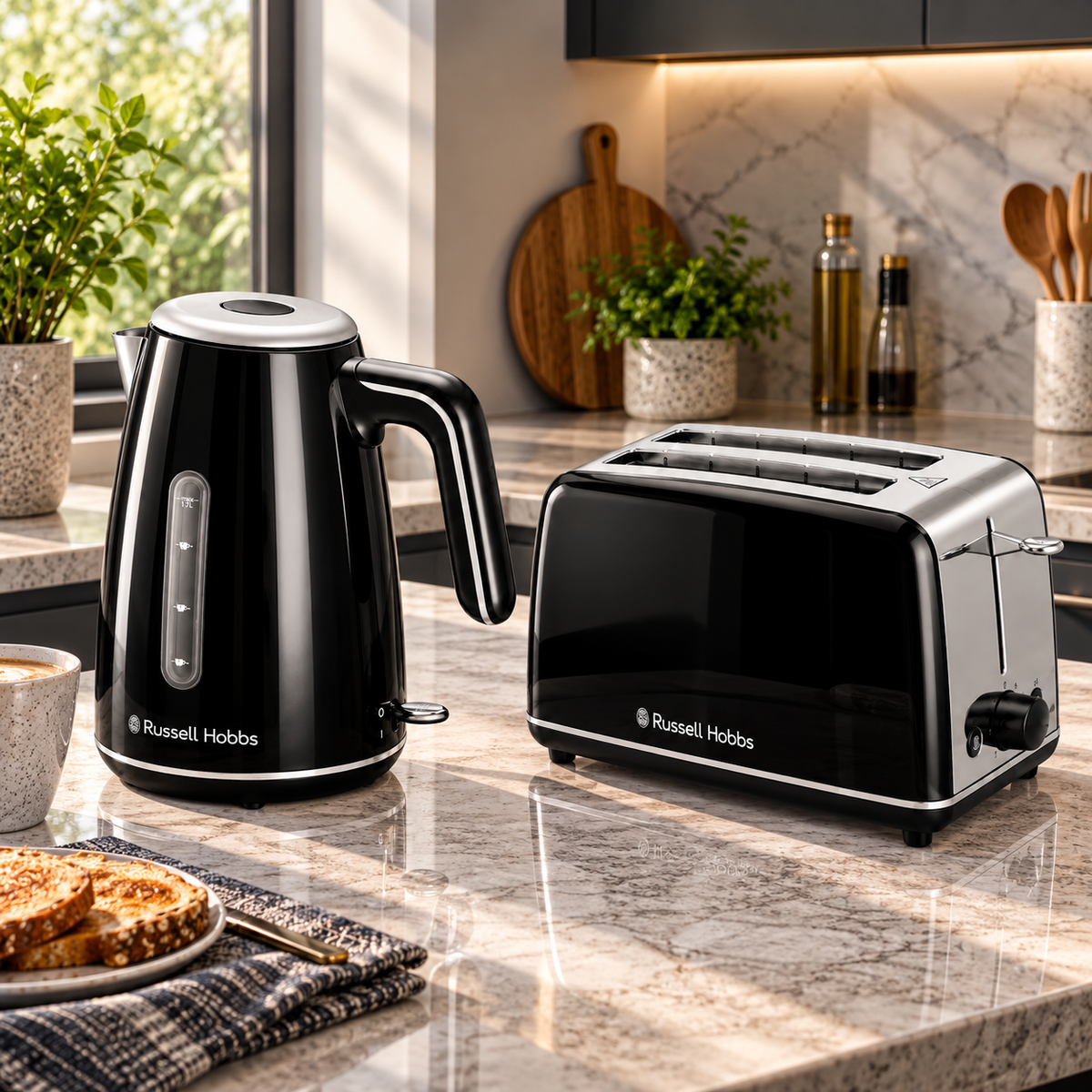 Russell Hobbs Russell Hobbs Everyday Quiet Kettle & 2 Slice Toaster Kitchen Set 28851 28861 (Black)