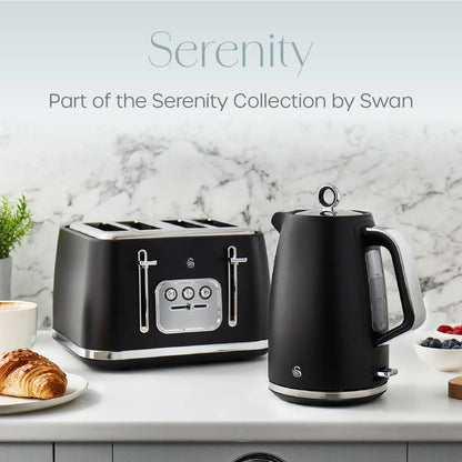 Swan Serenity Kettle, 4 Slice Toaster, Bread Bin & Canisters Matte Kitchen Set (Black)