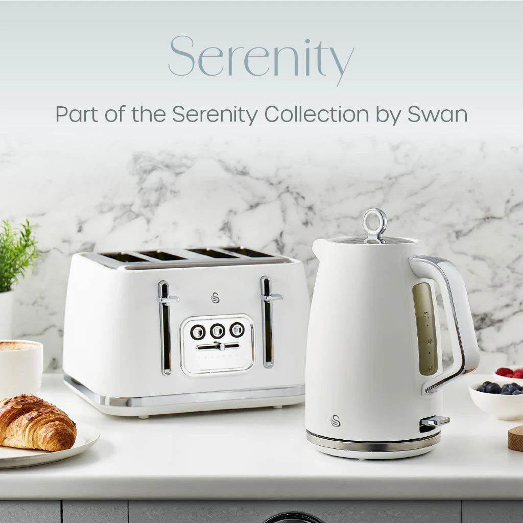 Swan Serenity White Kettle, 4 Slice Toaster, Bread Bin Canisters Kitchen Set