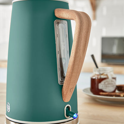 Swan Nordic Kettle & 4 Slice Toaster Kitchen Set Wood Accents (Green)