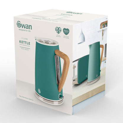 Swan Nordic Kettle & 4 Slice Toaster Kitchen Set Wood Accents (Green)