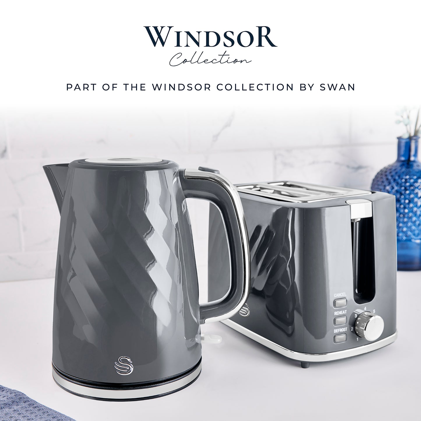 Swan Windsor Kettle & 2 Slice Toaster Kitchen Set - Grey