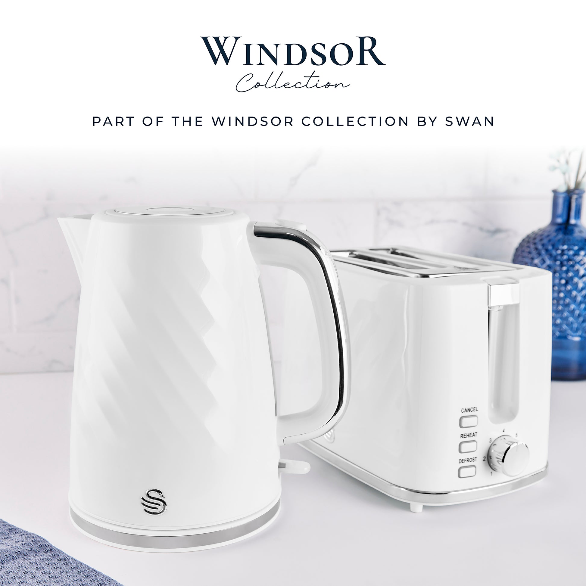 Swan White Kettle and 2 Slice Toaster, Windsor Collection, Matching Kitchen Set