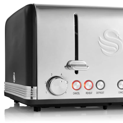 Swan Retro Kettle, 4 Slice Toaster, Bread Bin & Canisters Kitchen Set (Black)