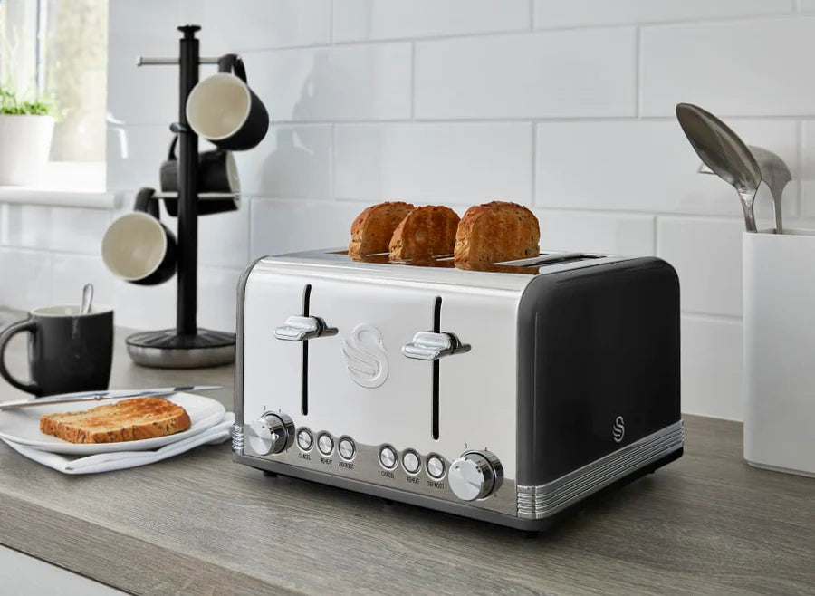 Swan Retro Kettle, 4 Slice Toaster, Bread Bin & Canisters Kitchen Set (Black)