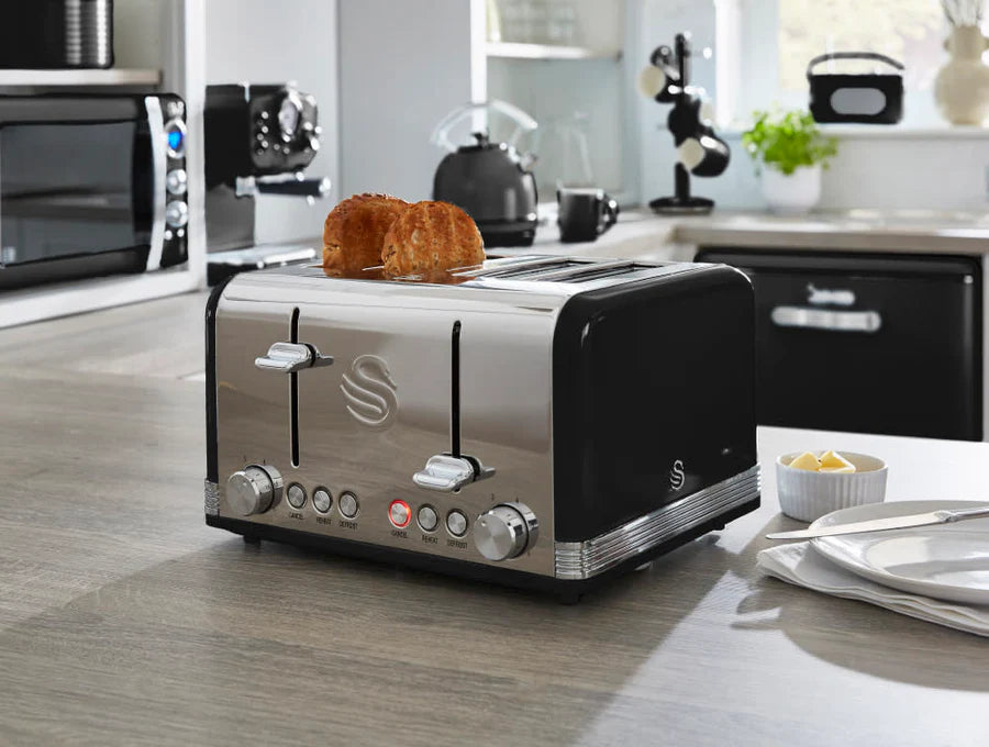 Swan Retro Kettle, 4 Slice Toaster, Bread Bin & Canisters Kitchen Set (Black)