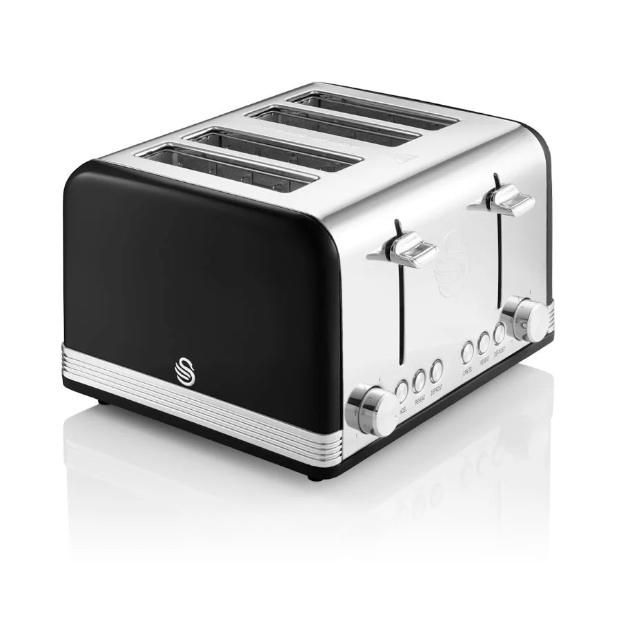 Swan Retro Kettle, 4 Slice Toaster, Bread Bin & Canisters Kitchen Set (Black)