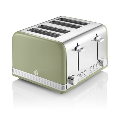 Swan Retro Green Kitchen Set - Kettle, 4 Slice Toaster, Bread Bin, Canisters