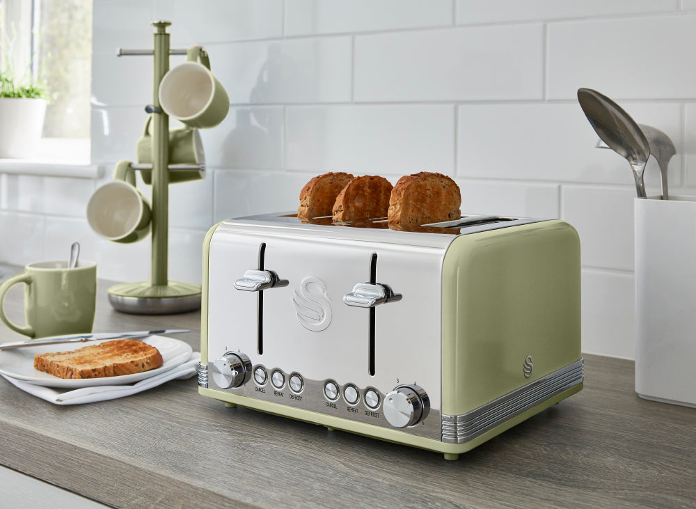 Swan Retro Green Kitchen Set - Kettle, 4 Slice Toaster, Bread Bin, Canisters