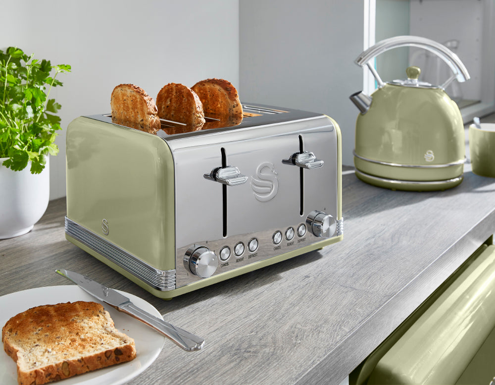 Swan Retro Green Kitchen Set - Kettle, 4 Slice Toaster, Bread Bin, Canisters