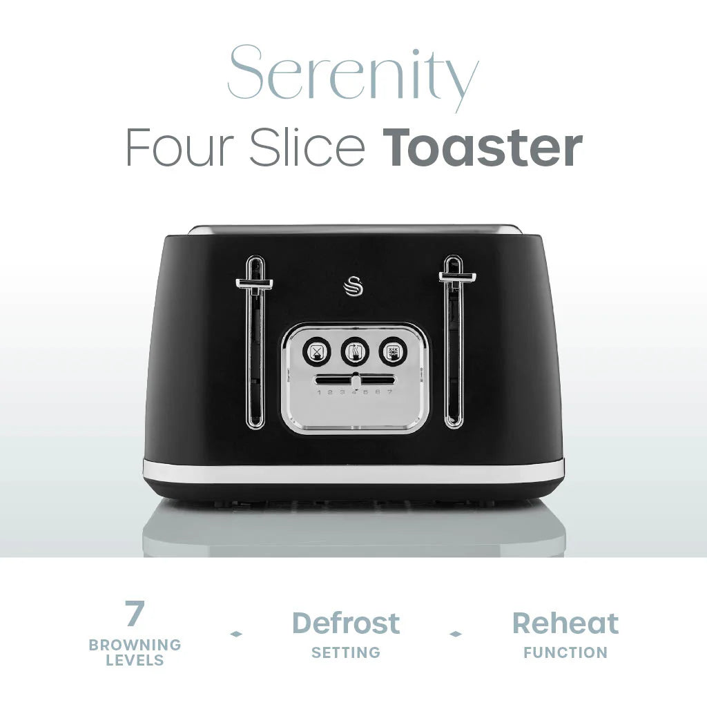 Swan Serenity Kettle, 4 Slice Toaster, Bread Bin & Canisters Matte Kitchen Set (Black)