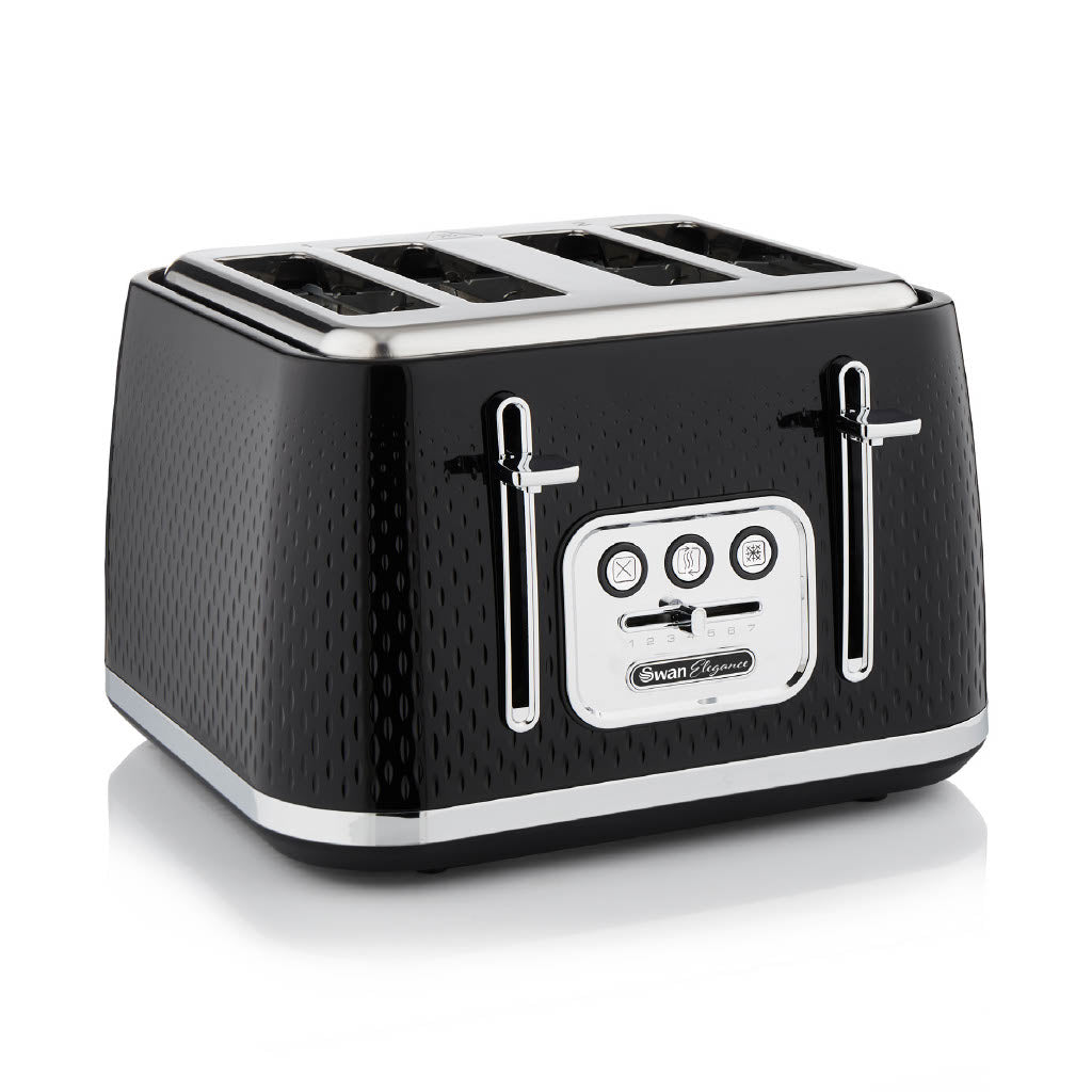 Swan Elegance Kettle, 4 Slice Toaster, Bread Bin & Canisters Kitchen Set (Black)