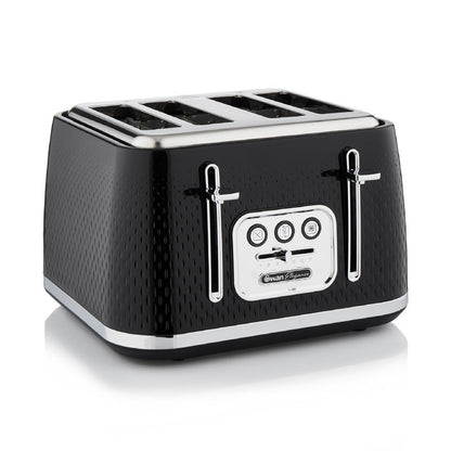 Swan Elegance Kettle, 4 Slice Toaster, Bread Bin & Canisters Kitchen Set (Black)