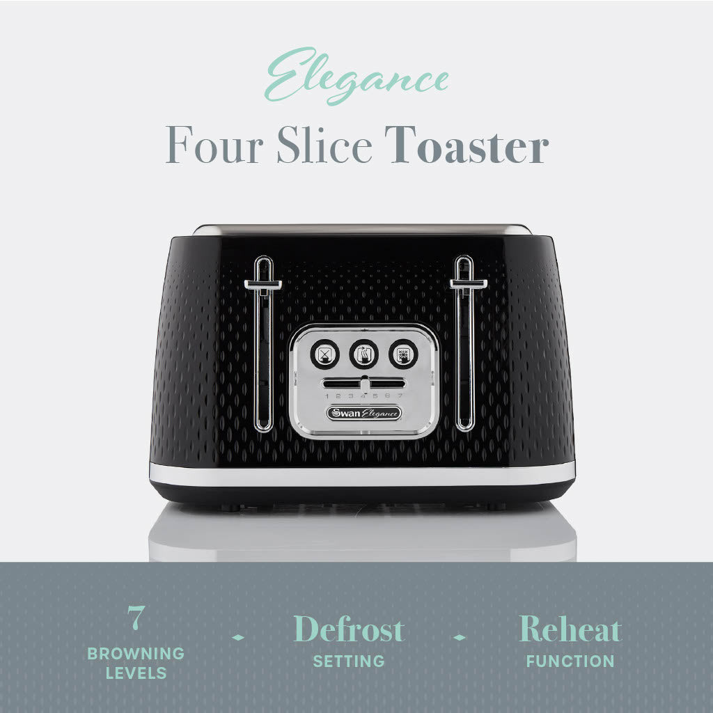 Swan Elegance Kettle, 4 Slice Toaster, Bread Bin & Canisters Kitchen Set (Black)