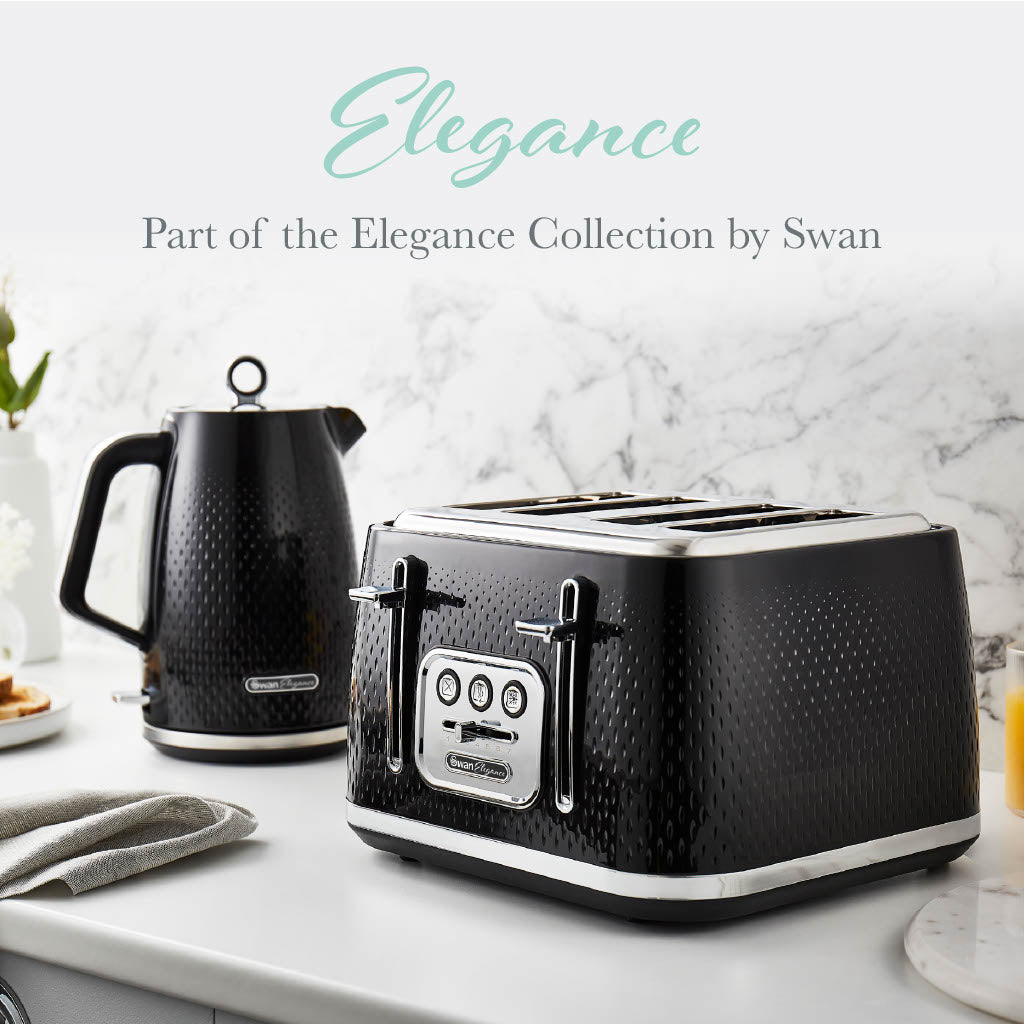 Swan Elegance Kettle, 4 Slice Toaster, Bread Bin & Canisters Kitchen Set (Black)