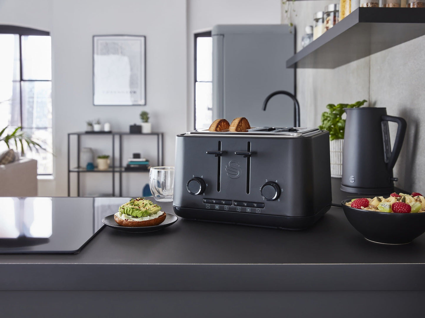 Swan Stealth Matte Black Kettle & 4 Slice Toaster Sleek & Streamlined Kitchen Set (Matte Black)