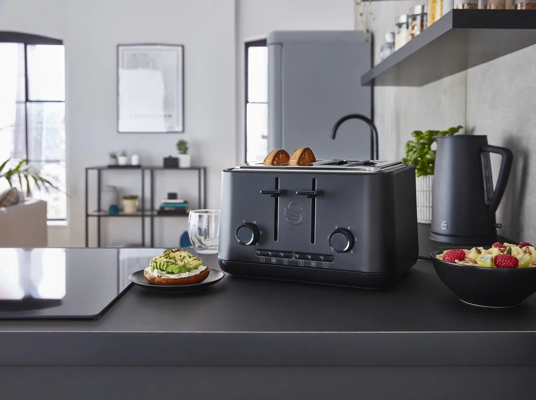 Swan Stealth Kettle, 4 Slice Toaster, Bread Bin & Canisters Kitchen Set (Black)