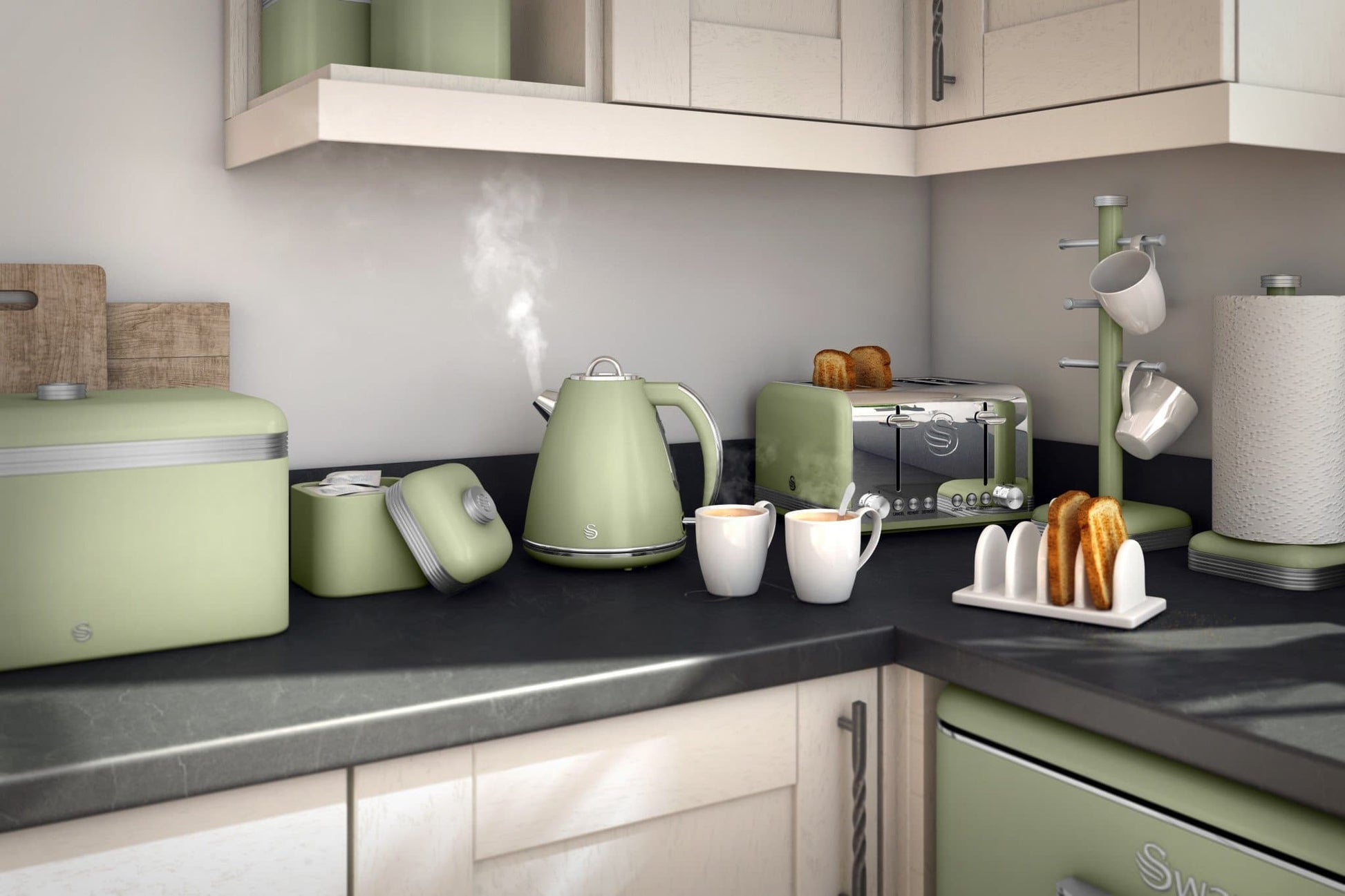 Swan Retro Green Kitchen Set - Kettle, Toaster, Bread Bin, Canisters